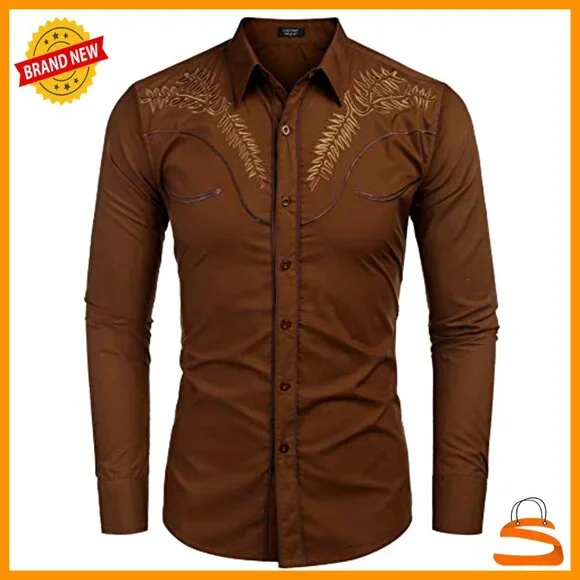 Embroidered Cowboy Shirt Long Sleeve Slim Fit Retro Western Casual Button Down